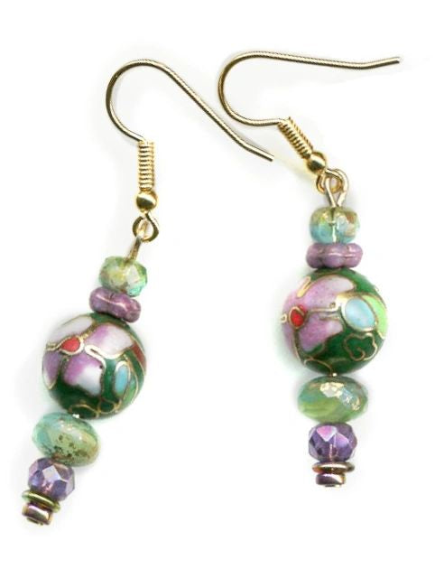 Cloisonné Style Pink Flower Earrings