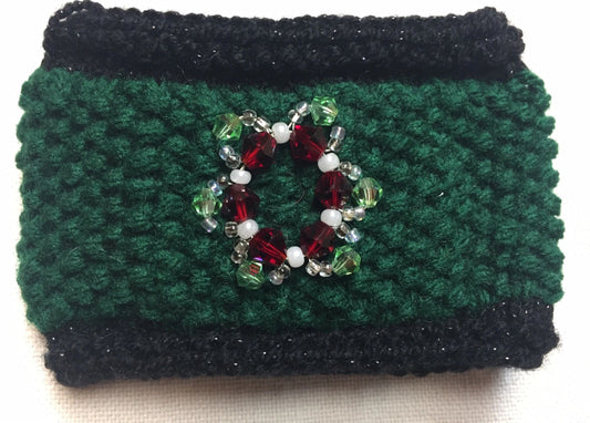 Knit Coffee Cup Cozy with Glass Bead Wreath