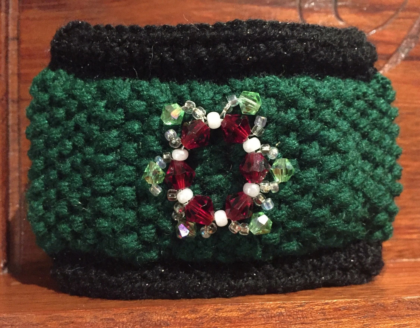 Knit Coffee Cup Cozy with Glass Bead Wreath