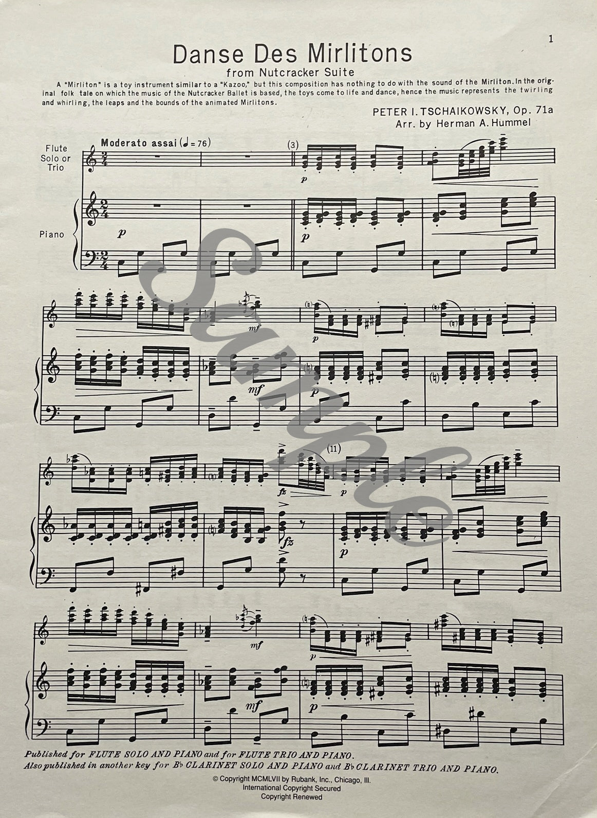 Danse des Mirlitons for Flute Trio & Piano by Tschaikowsky