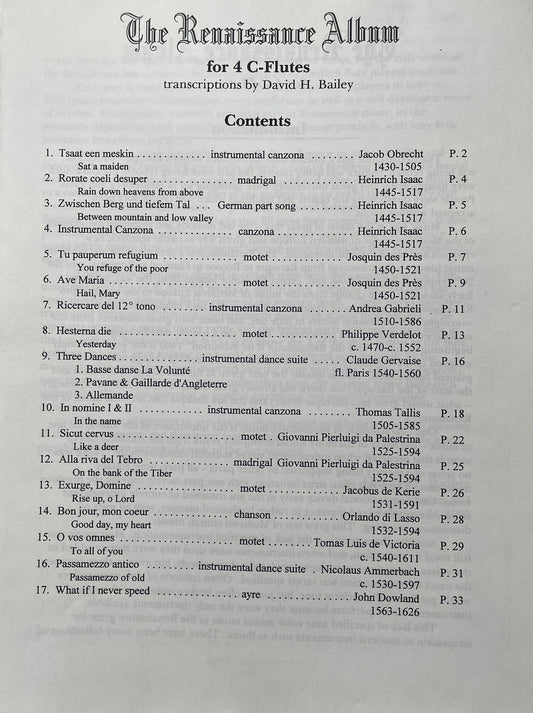The Renaissance Album for Four Flutes transcribed by David H. Bailey