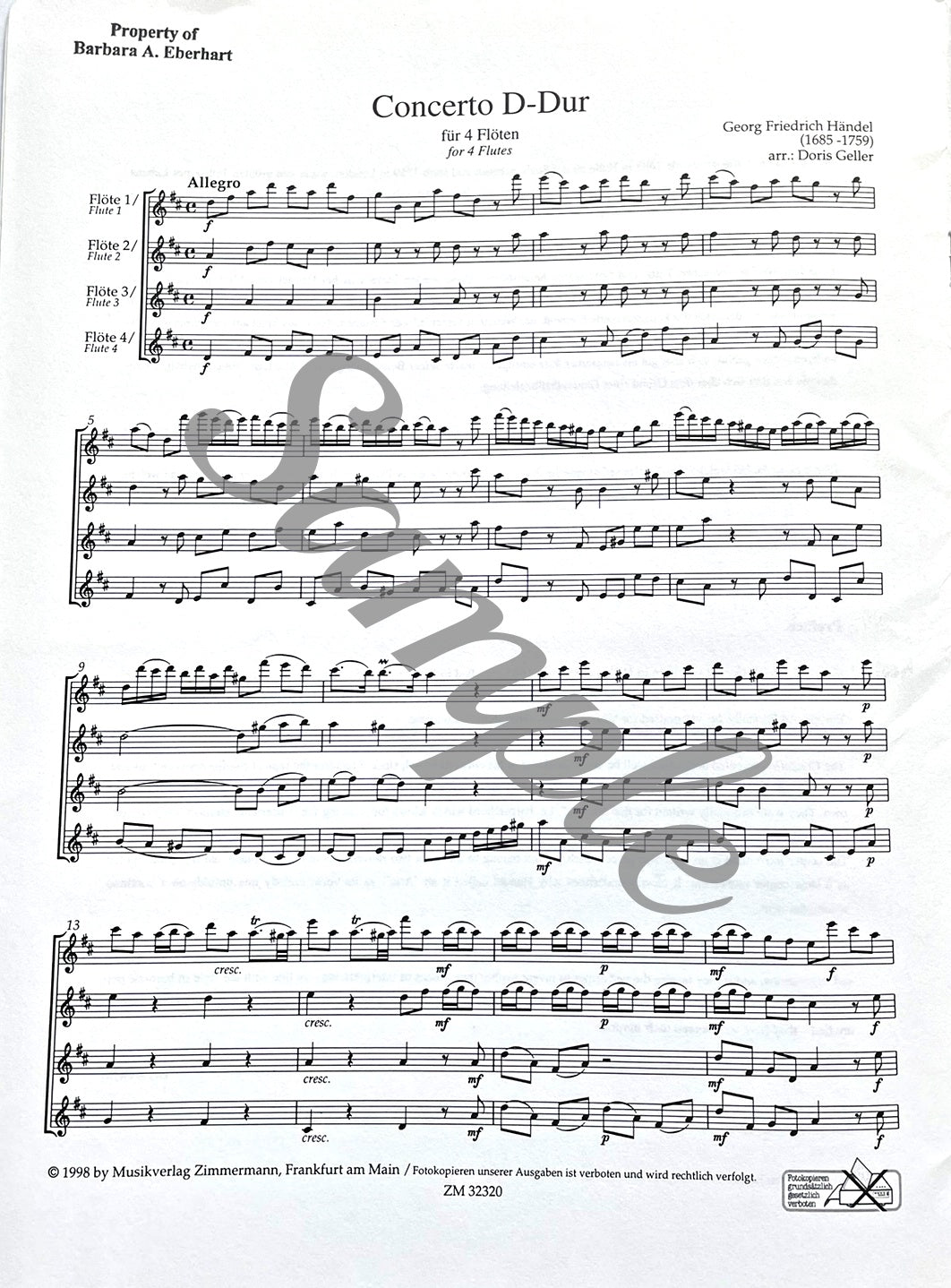 Concerto in D-Major for Flute Quartet by G.F. Handel