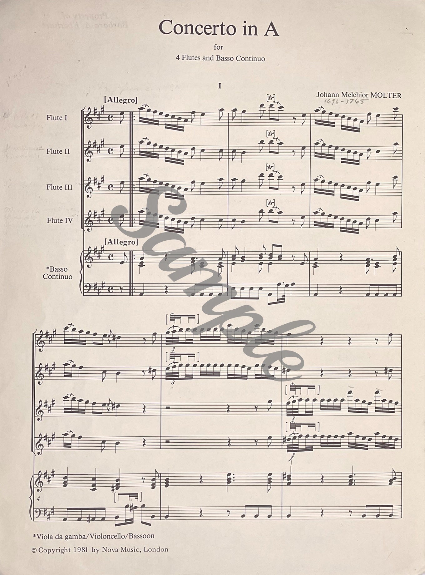 Concerto in A for Flute Quartet and Basso Continuo by Johann Melchior Molter