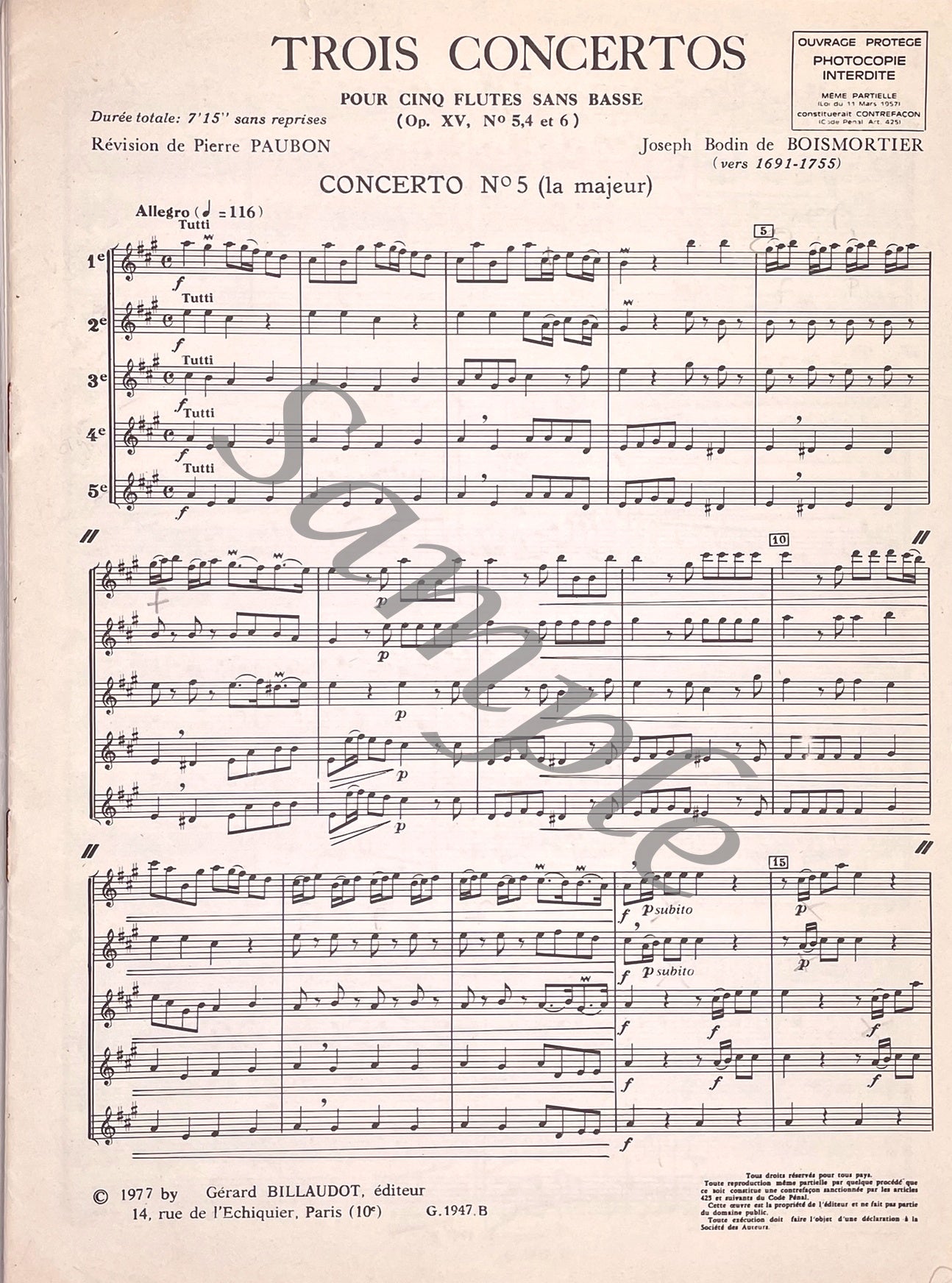 Six Concertos for Flute Quintet No. 5 by J.B. Boismortier