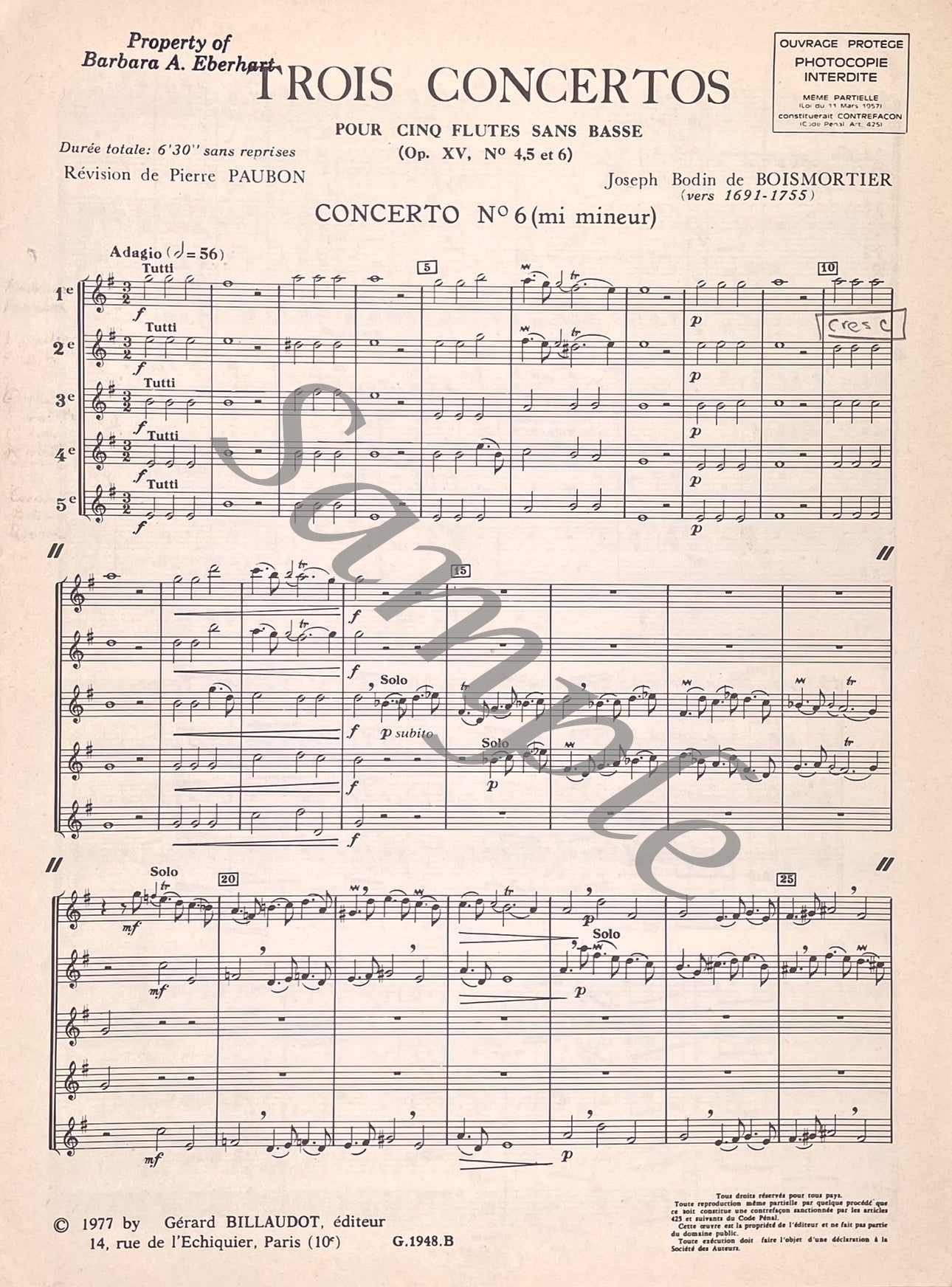 Six Concertos for Flute Quintet No. 6 by J.B. Boismortier