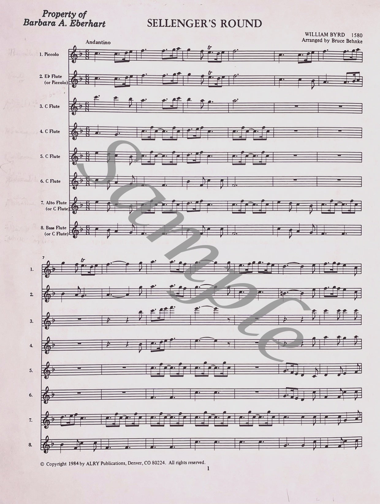 Sellenger's Round for Flute Choir by William Byrd
