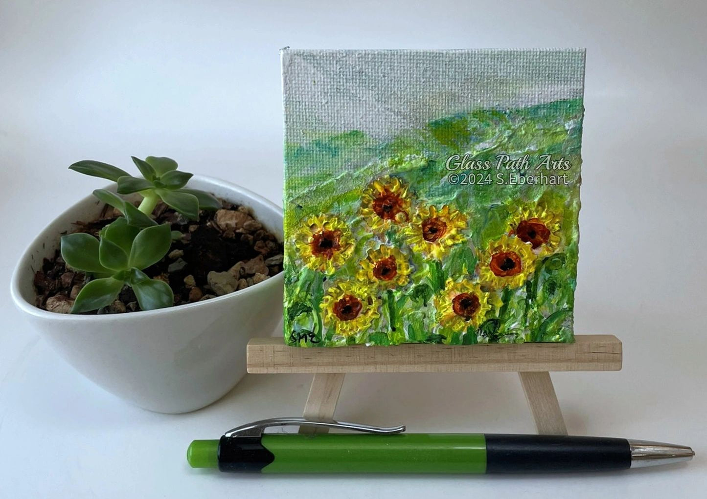 Sunflower Sprockets - Original Acrylic Miniature Painting by Sophia Eberhart (Free USA Shipping)