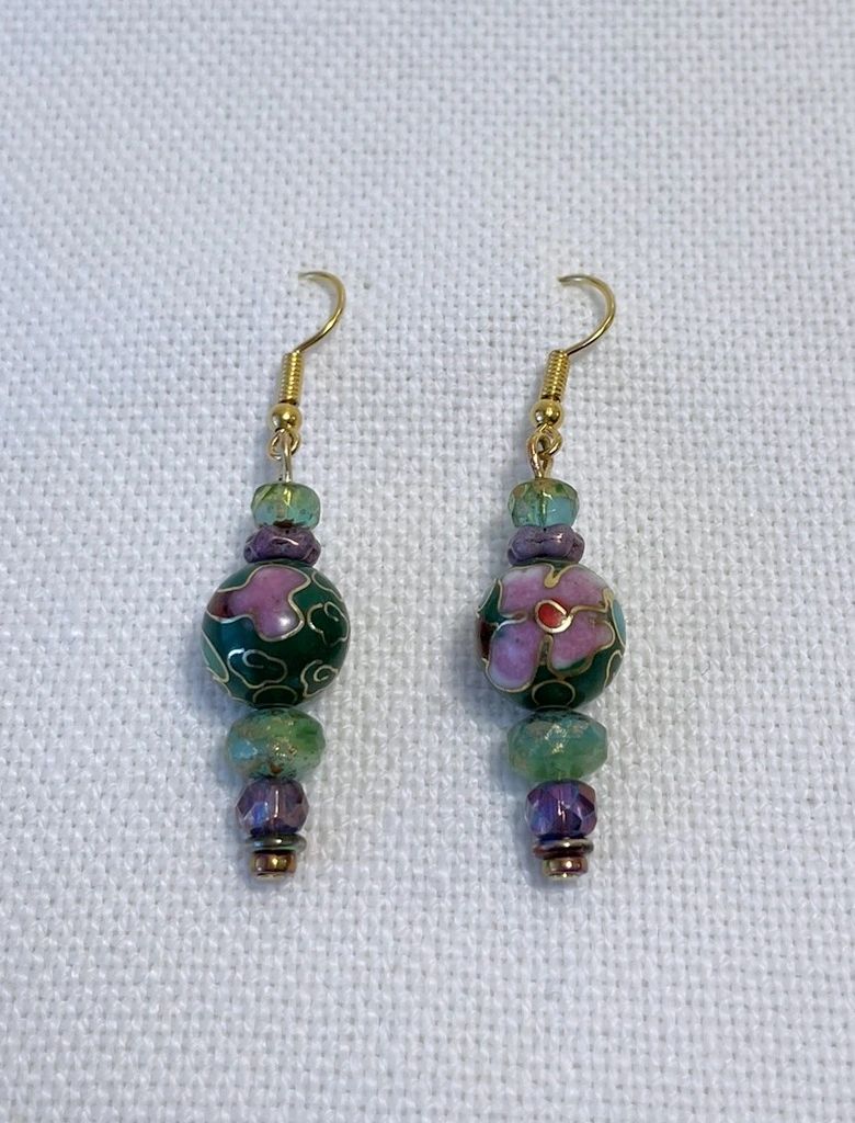 Cloisonné Style Pink Flower Earrings