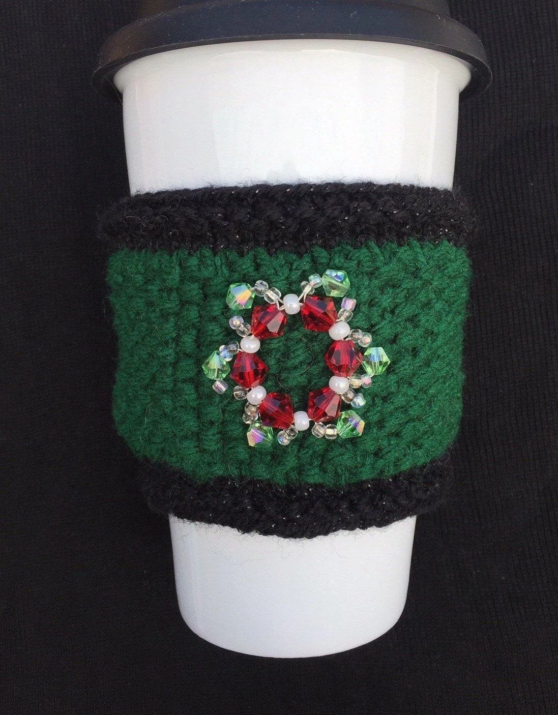 Knit Coffee Cup Cozy with Glass Bead Wreath