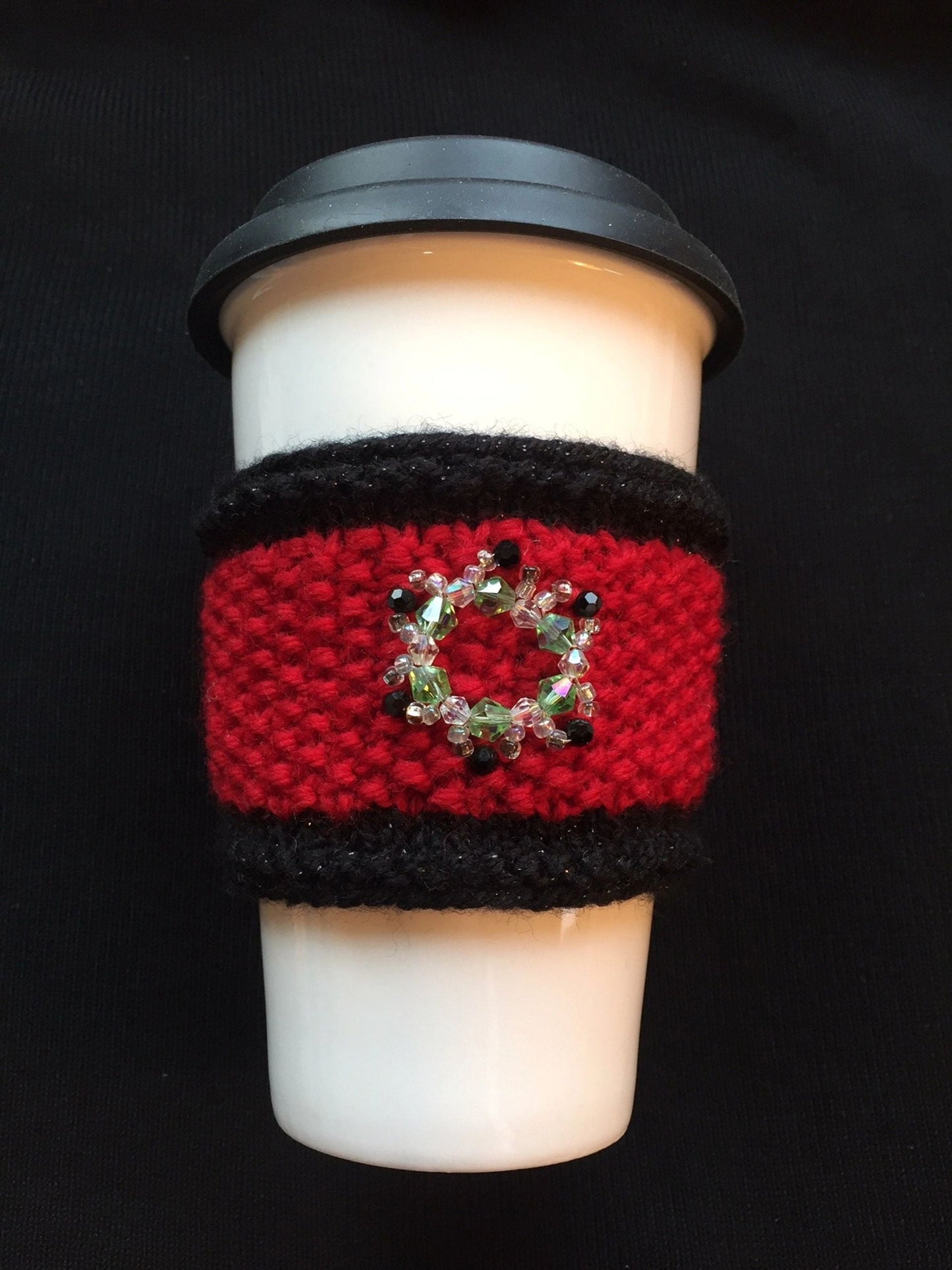 Knit Coffee Cup Cozy with Glass Bead Wreath