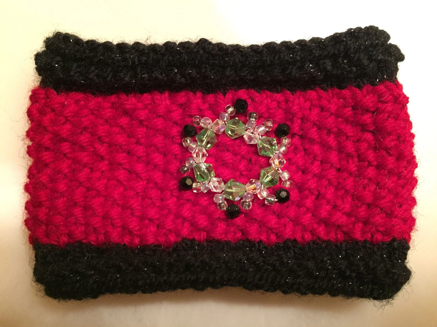 Knit Coffee Cup Cozy with Glass Bead Wreath