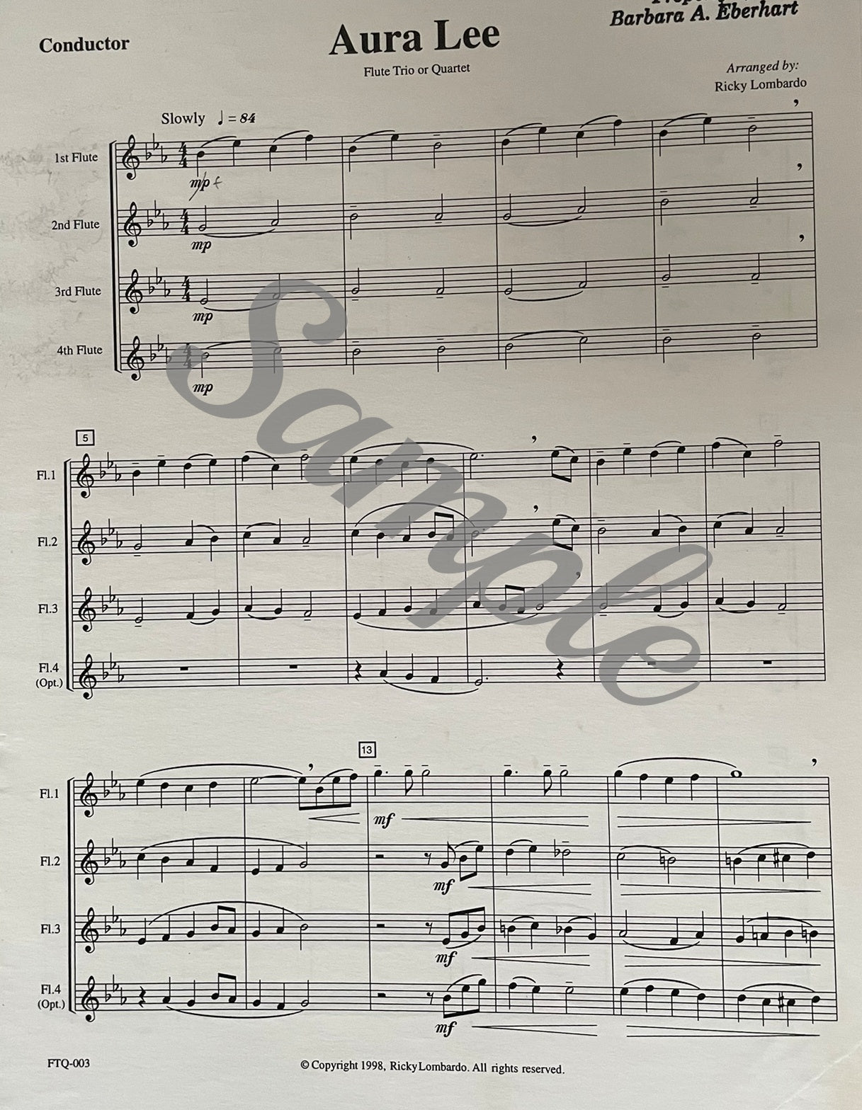 Aura Lee for Flute Trio or Flute Quartet arranged by Ricky Lombardo