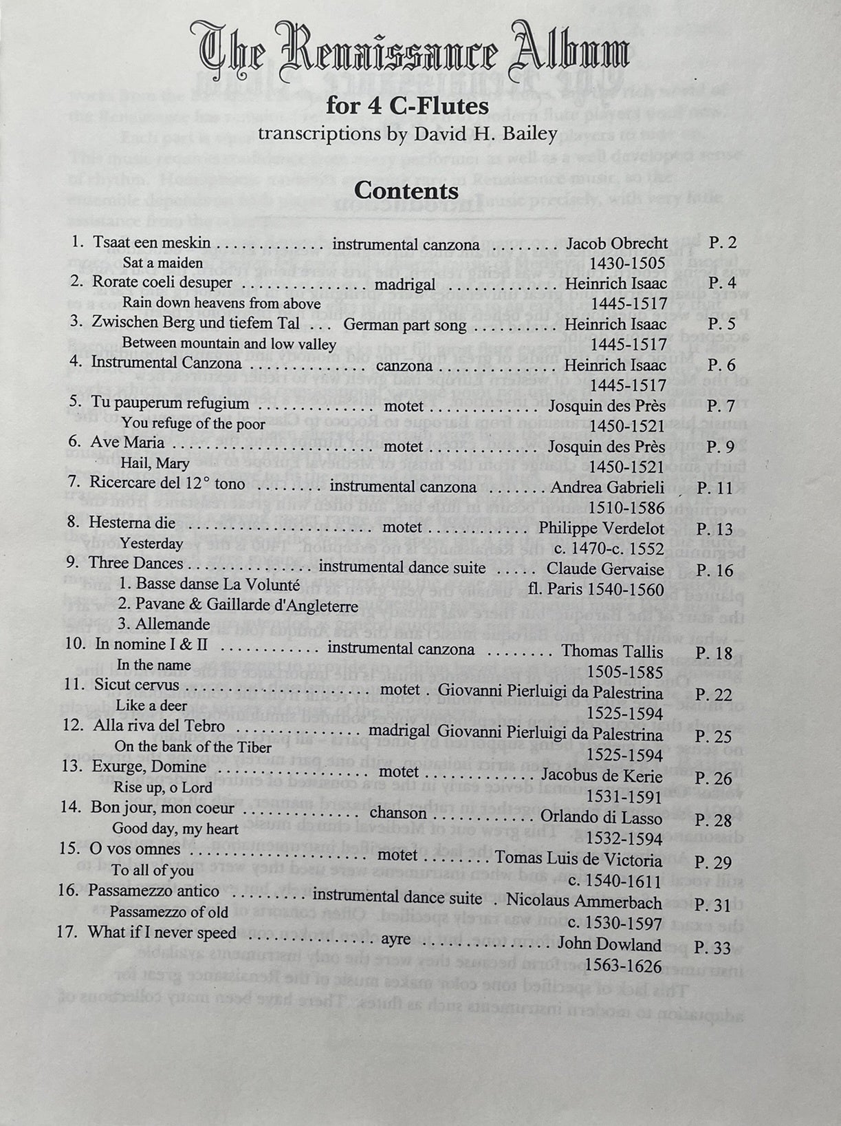 The Renaissance Album for Four Flutes transcribed by David H. Bailey