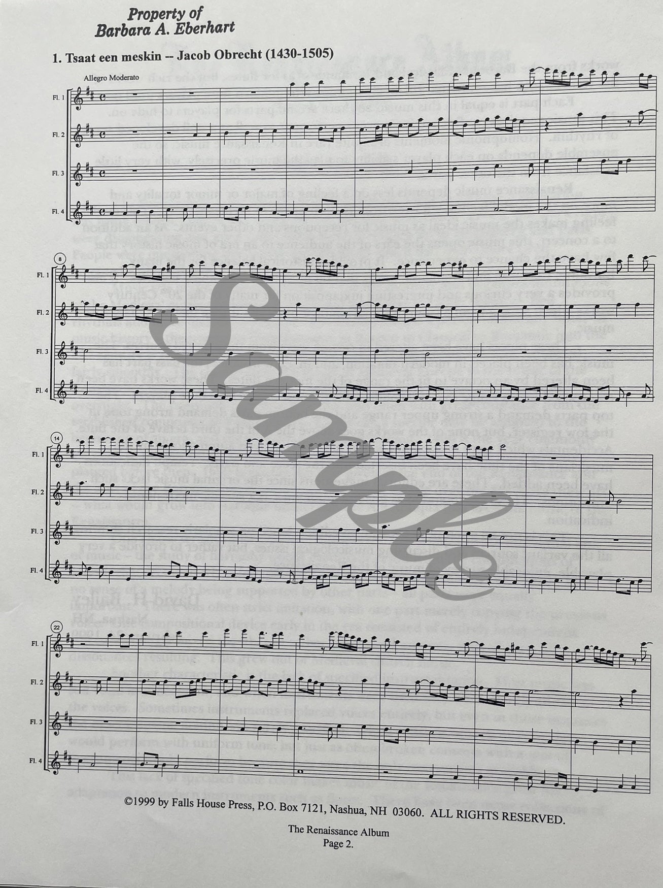 The Renaissance Album for Four Flutes transcribed by David H. Bailey