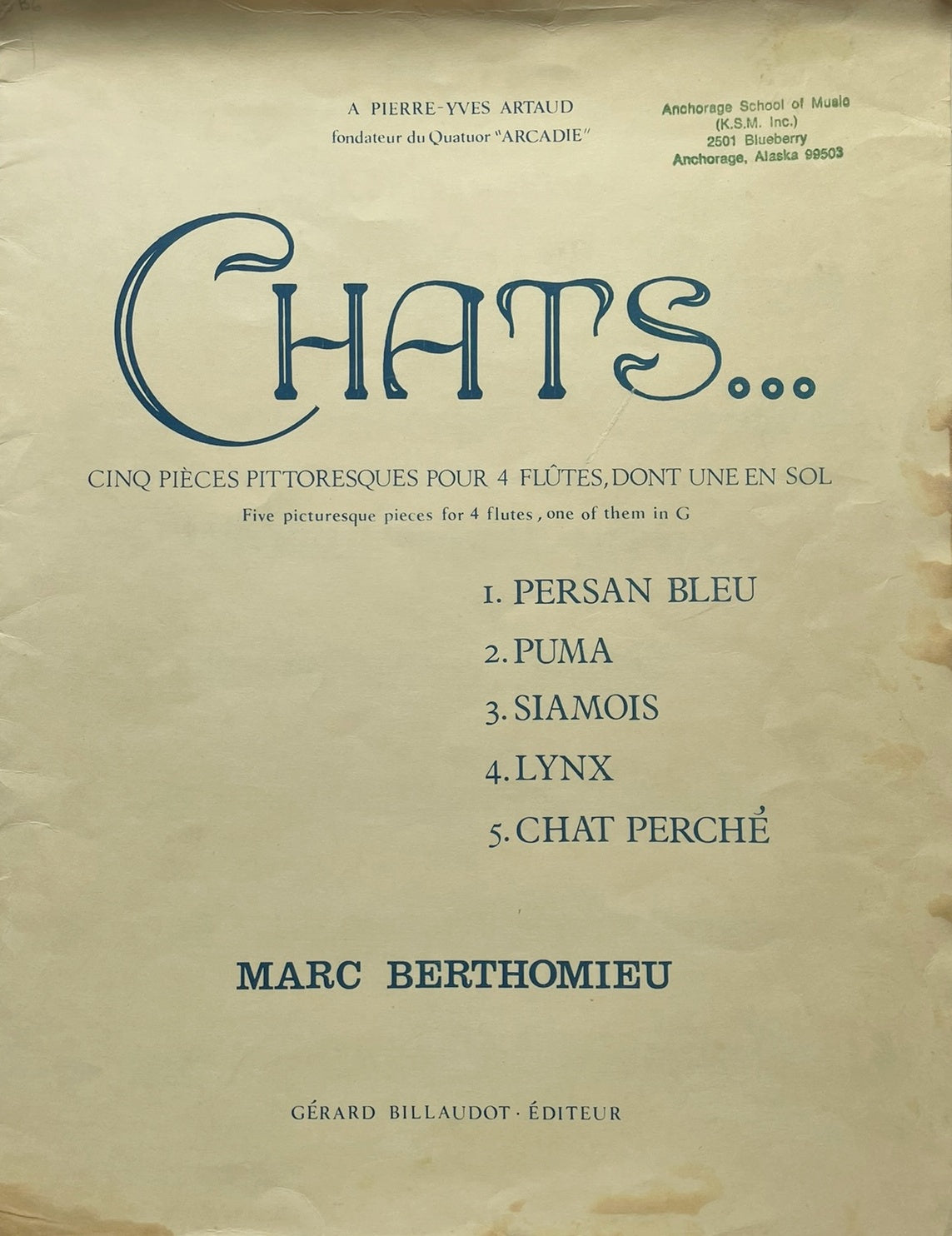 Chats (Cats)... for Flute Quartet by Marc Berthomieu