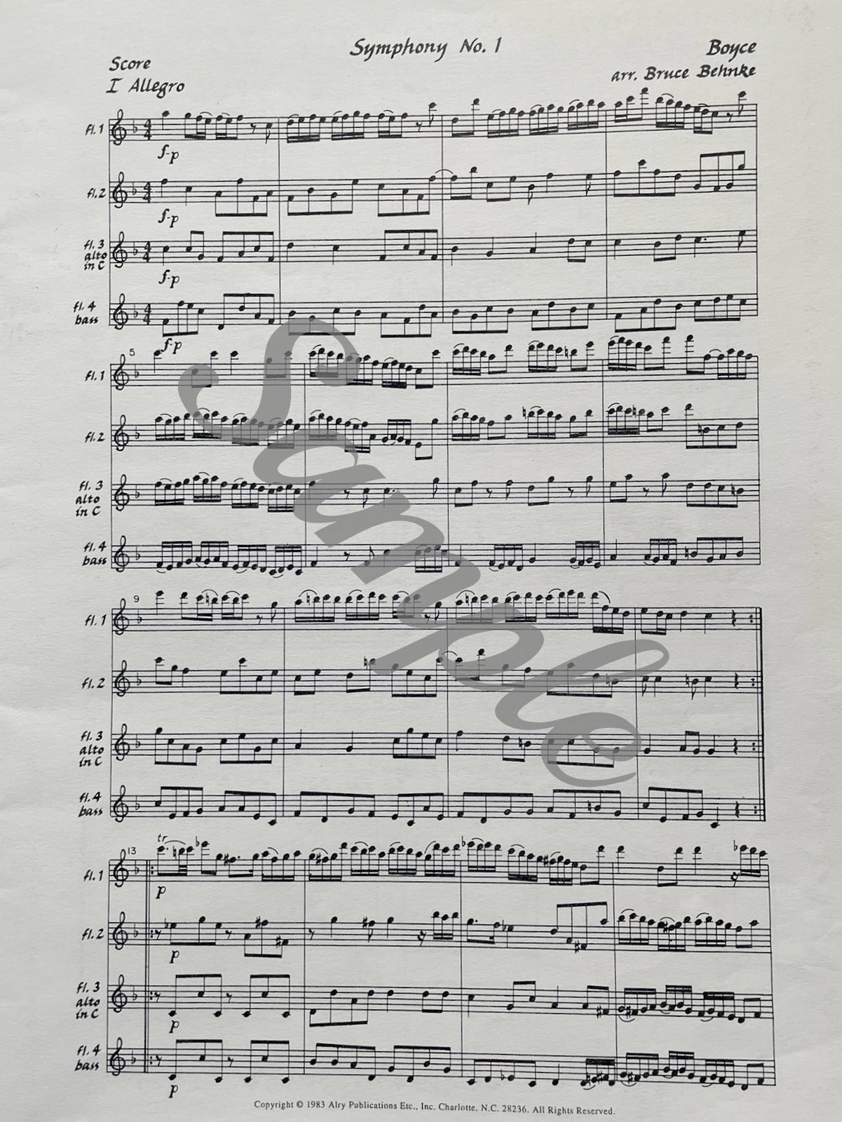 Symphony No. 1 for Flute Quartet or Flute Choir by William Boyce