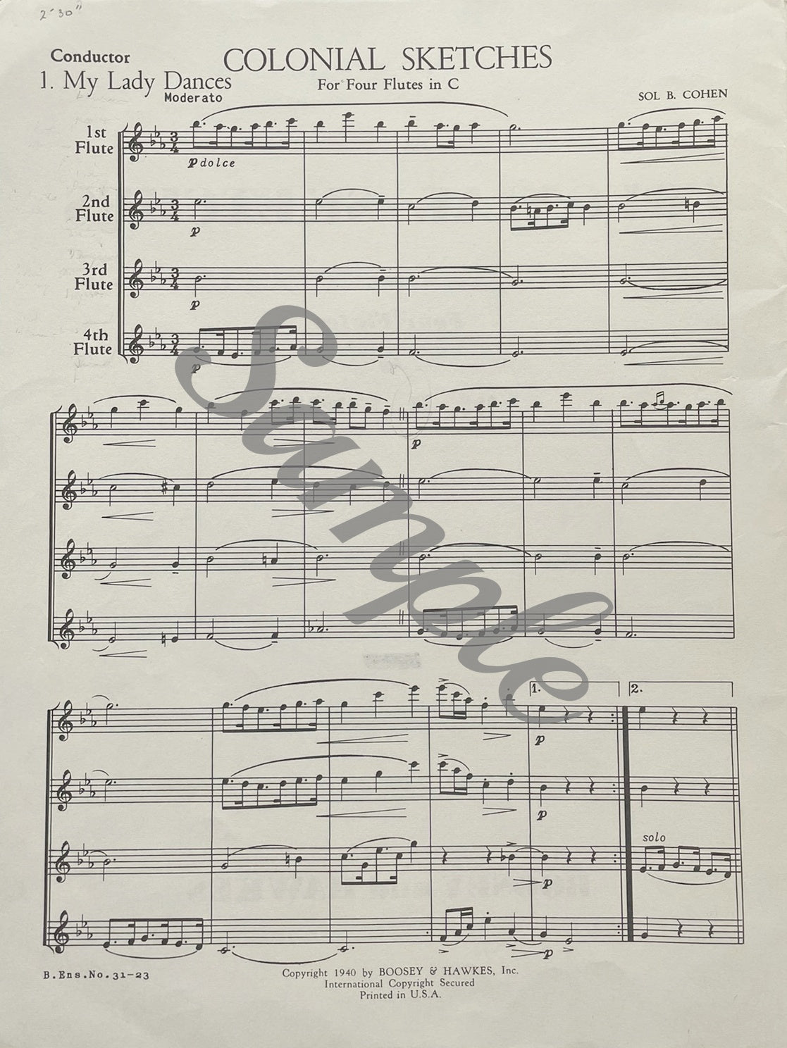 Colonial Sketches for Flute Quartet by Sol B. Cohen