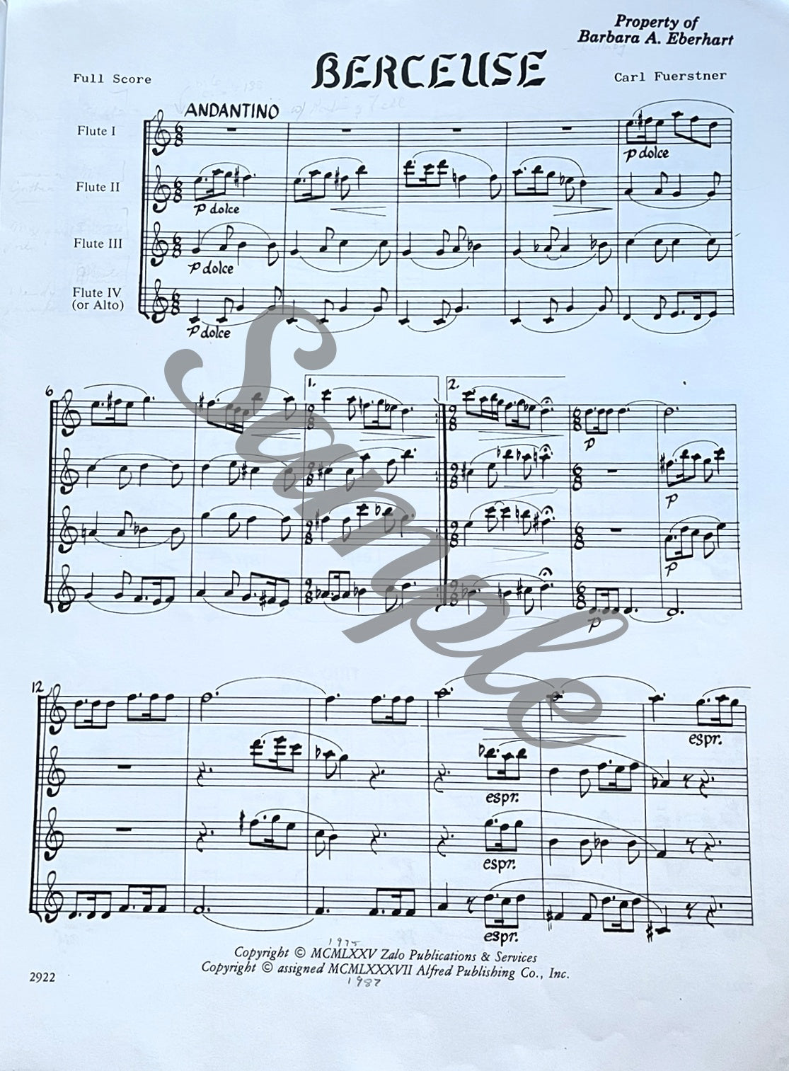 Berceuse for Flute Quartet by Carl Fuerstner