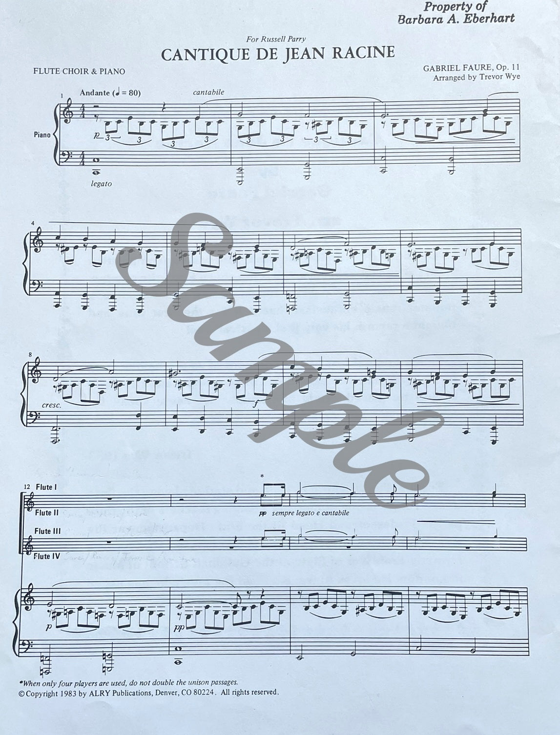 Cantique de Jean Racine for Flute Quartet & Piano by Gabriel Faure