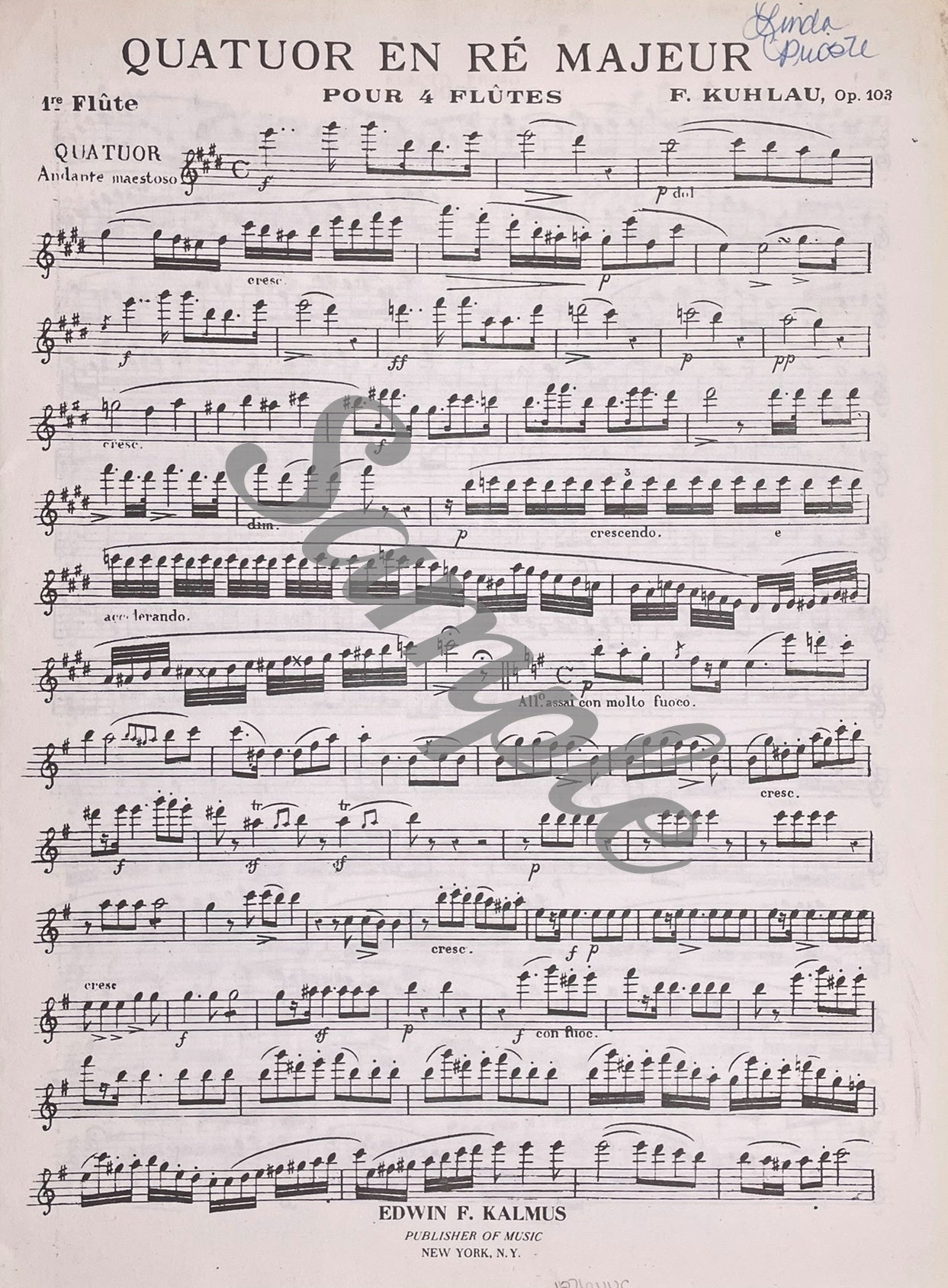 Quartet in D Major, Opus 103 for Flute Quartet by F. Kuhlau