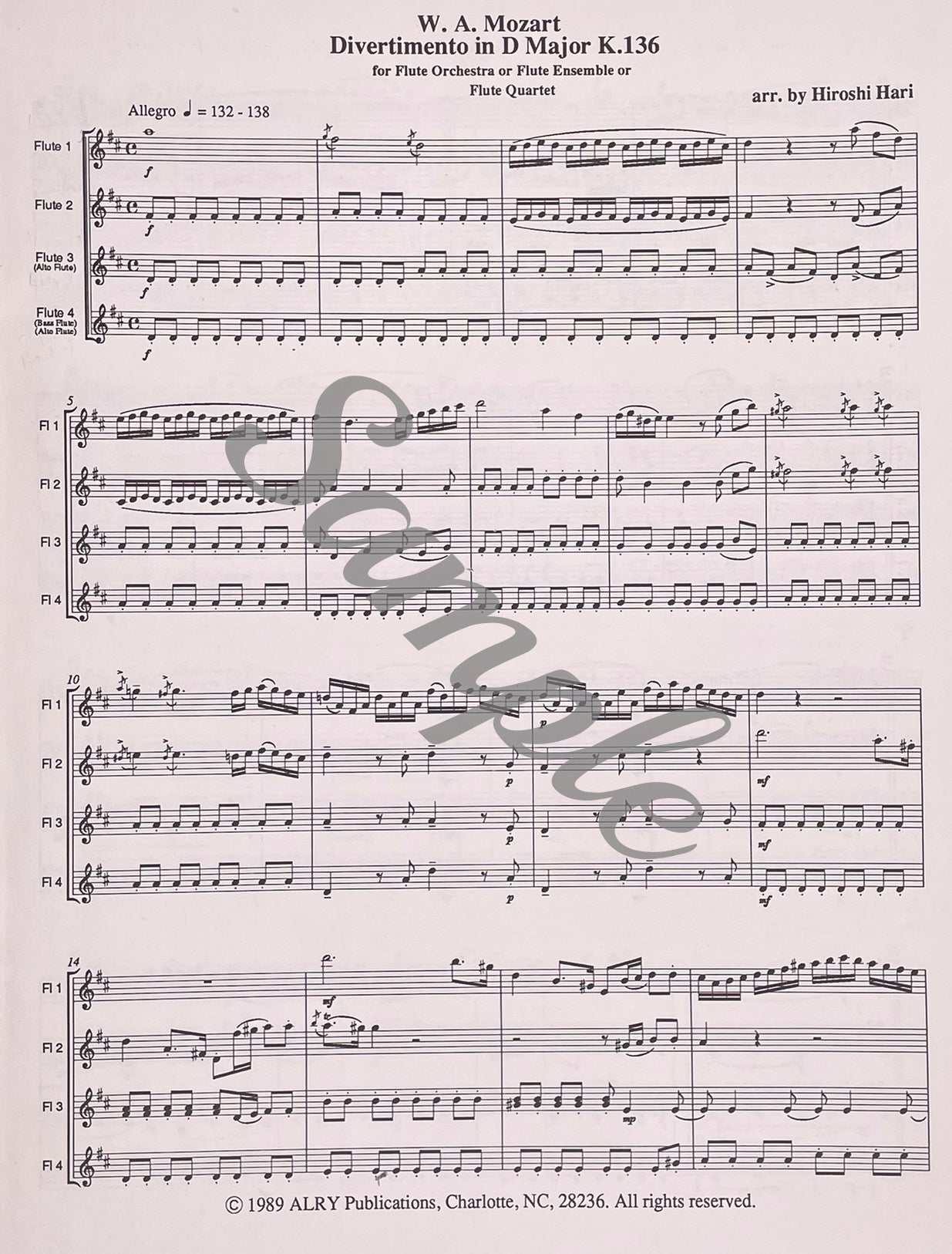 Divertimento in D Major, K. 136 Flute Quartet by W.A. Mozart