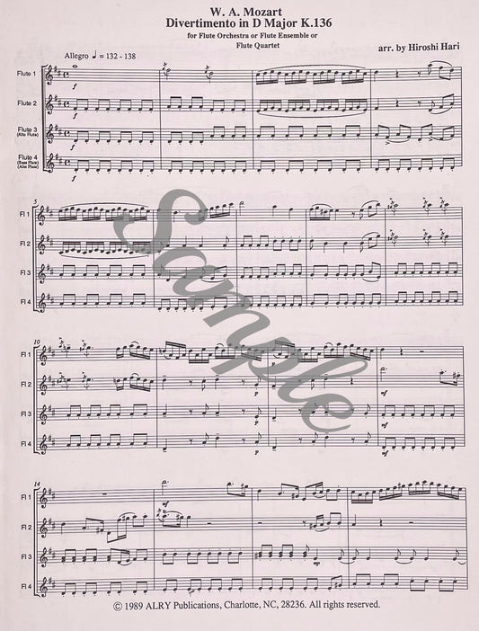 Divertimento in D Major, K. 136 Flute Quartet by W.A. Mozart