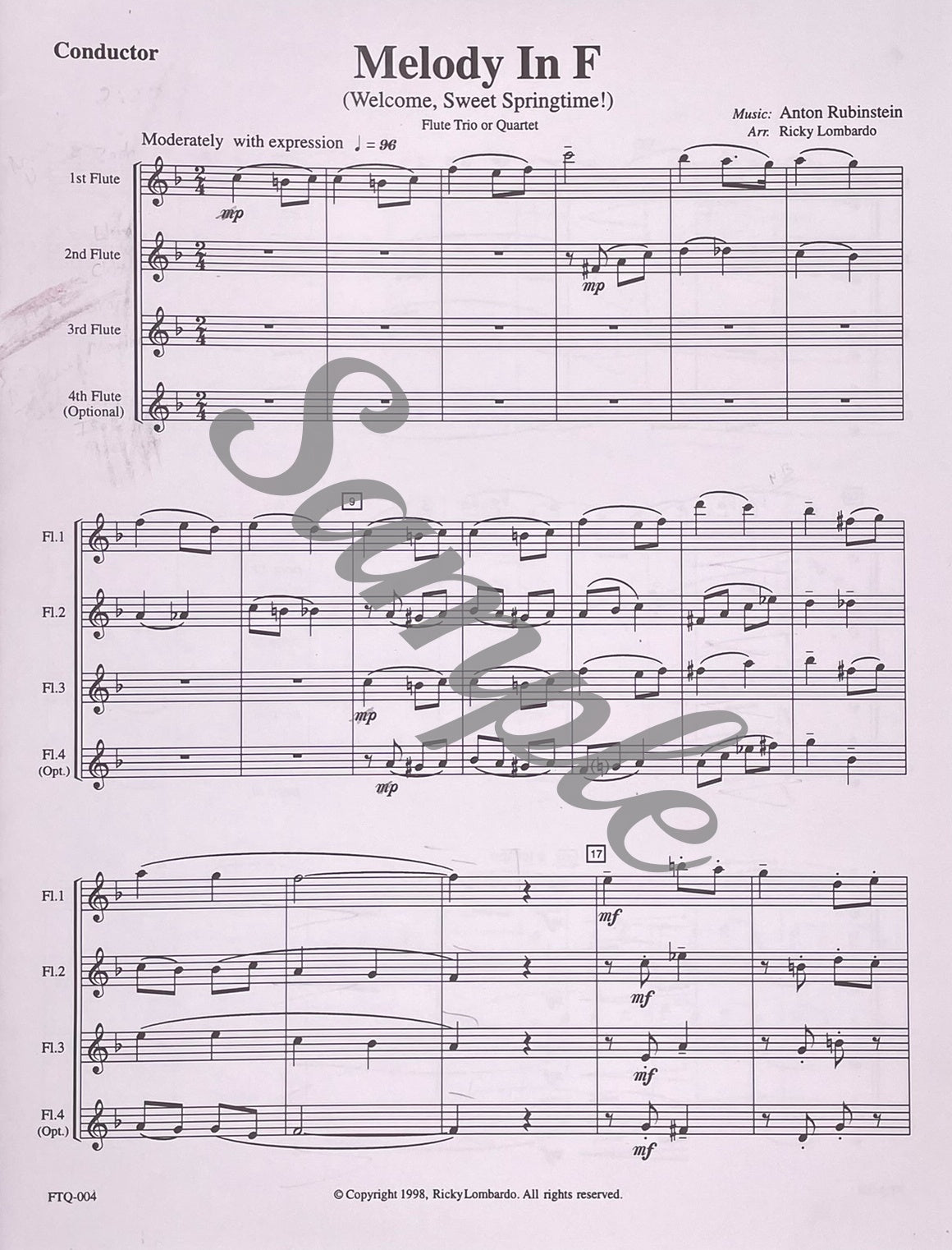 Melody in F Flute Trio or Quartet by Anton Rubinstein