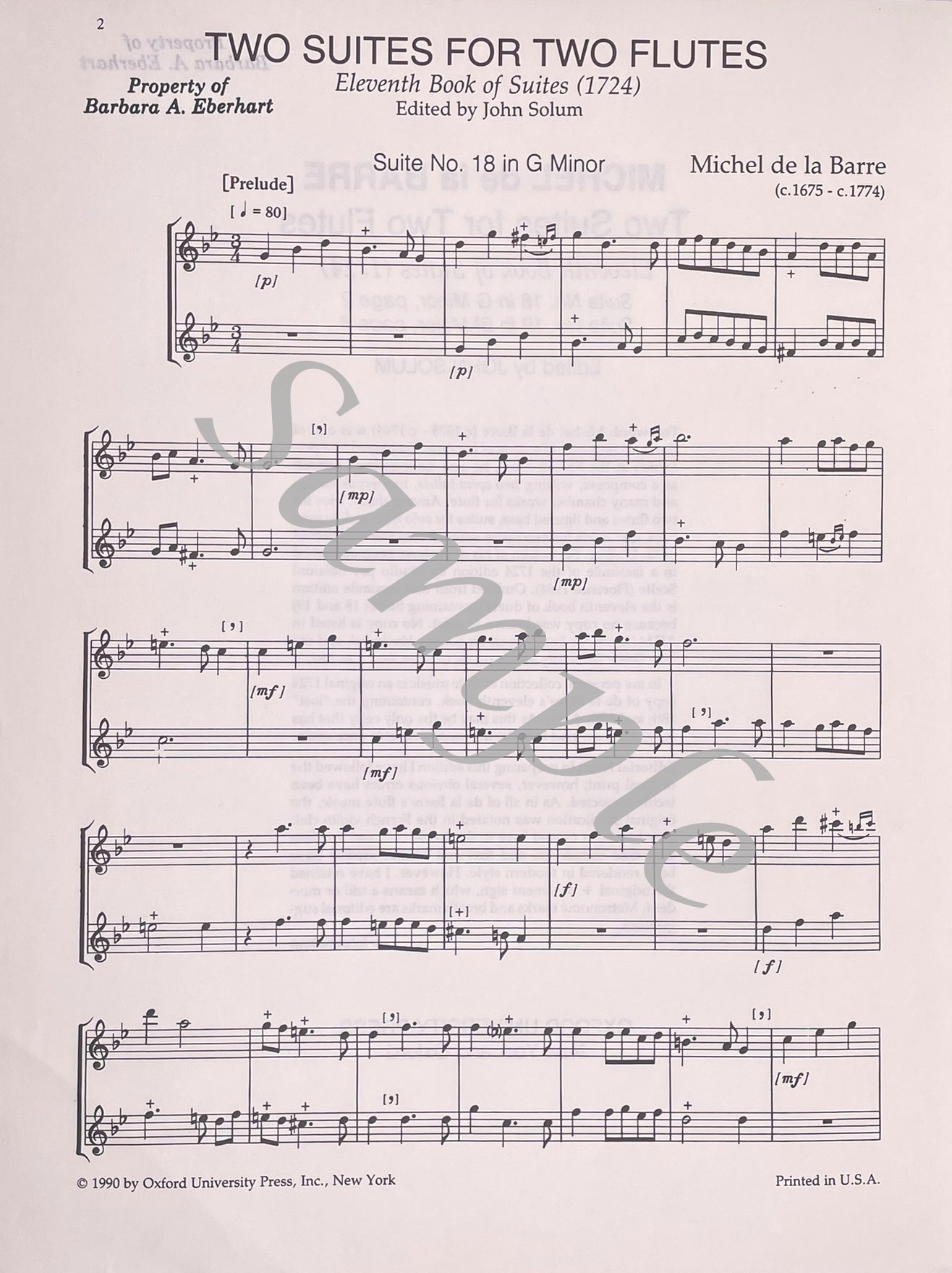 Two Suites for Two Flutes by Michel de la Barre