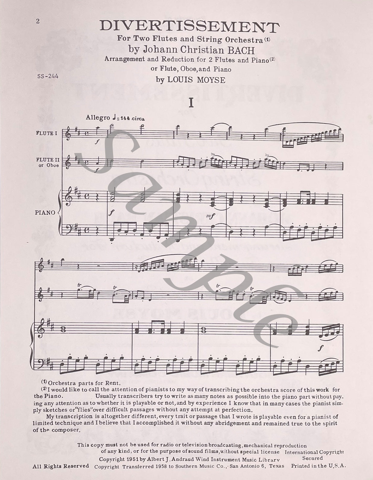 Divertissement for Two Flutes and Piano by J.C. Bach