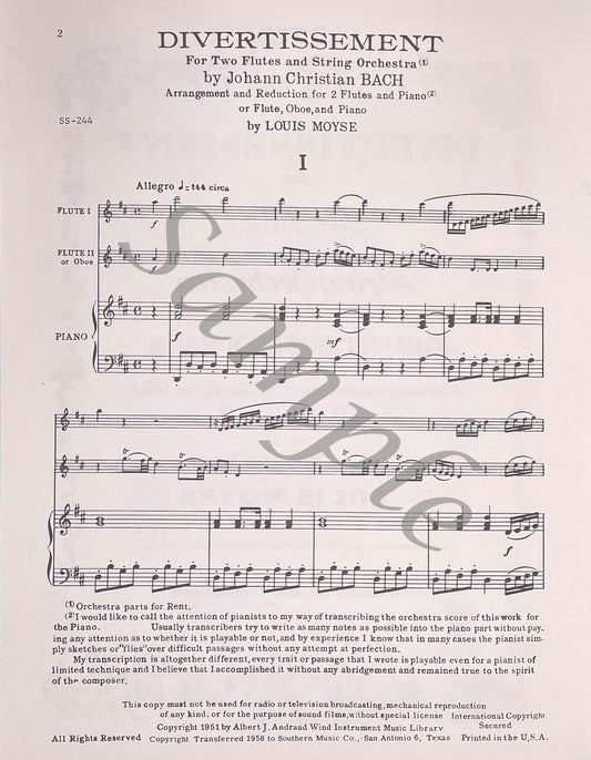 Divertissement for Two Flutes and Piano by J.C. Bach