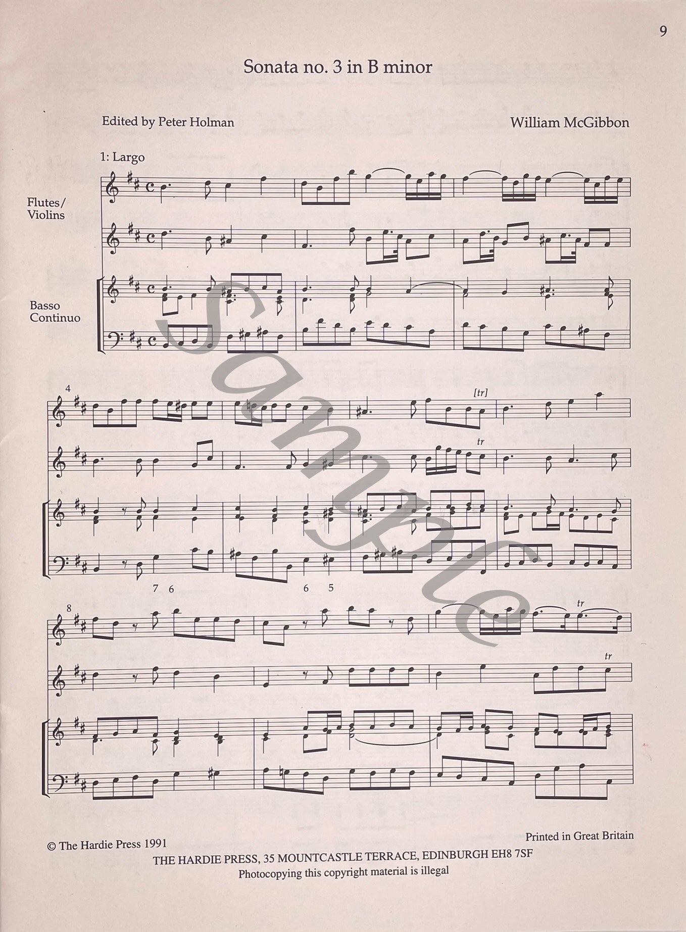 Three Sonatas for Two Flutes or Violins & Continuo by William McGibbon