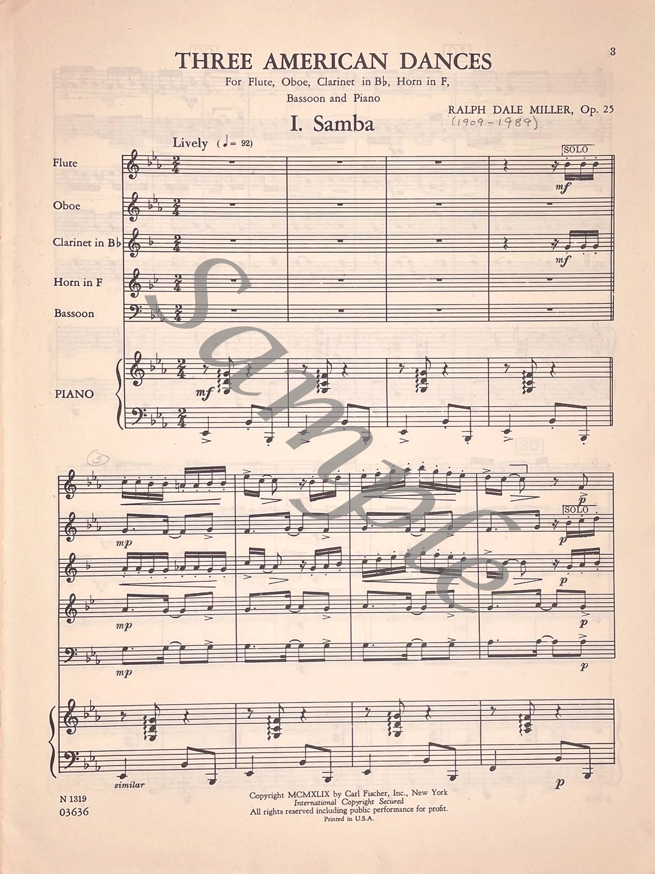 Three American Dances, Op. 25 for Woodwind Quintet and Piano by Ralph Dale Miller