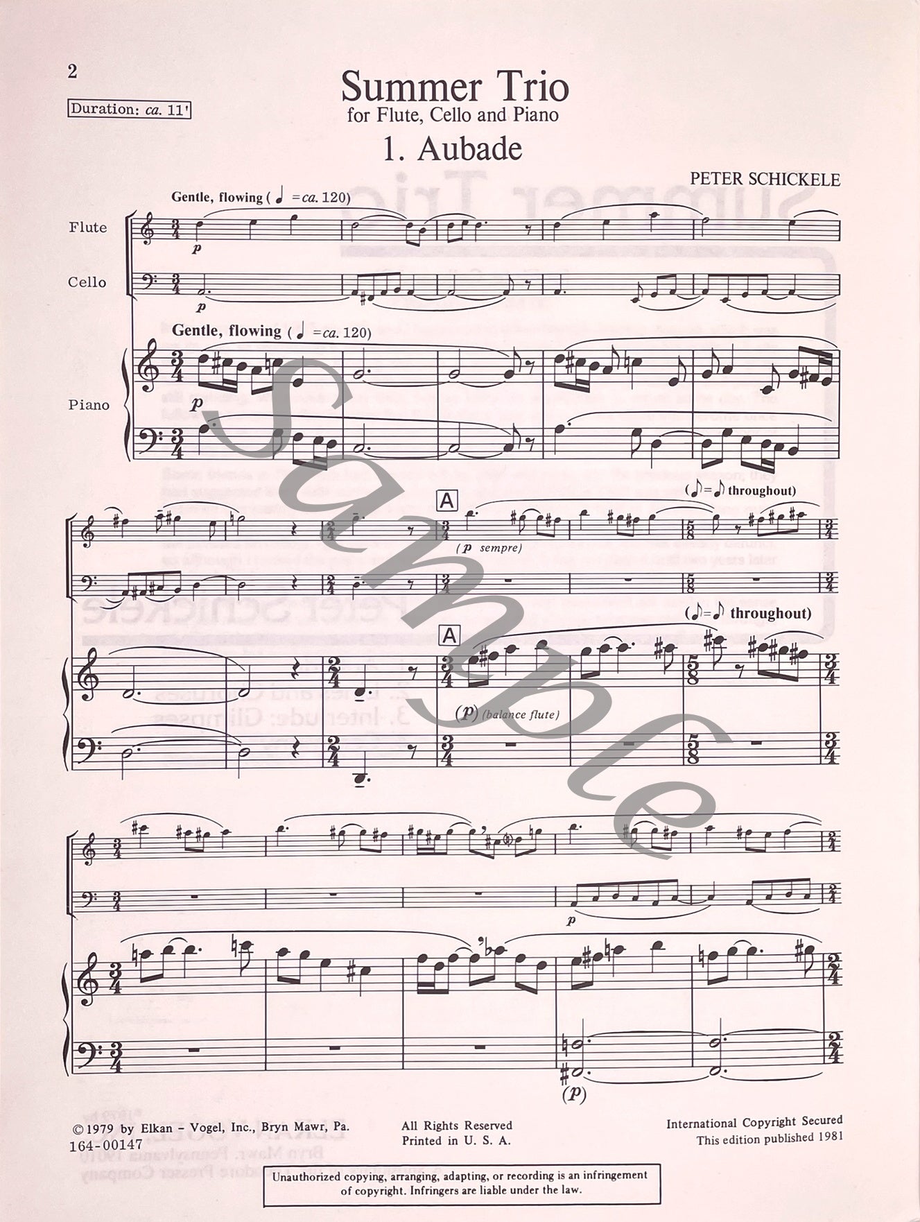 Summer Trio for Flute, Cello and Piano by Peter Schickele