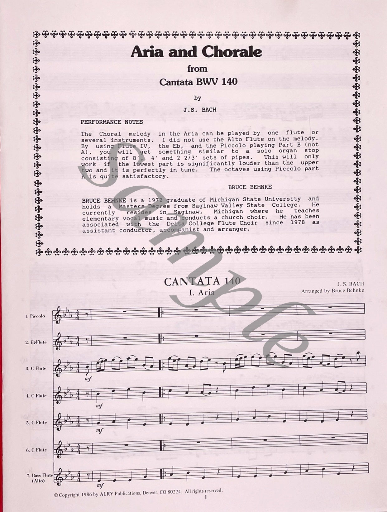 Aria and Chorale from Cantata BWV 140 for Flute Choir by J.S. Bach