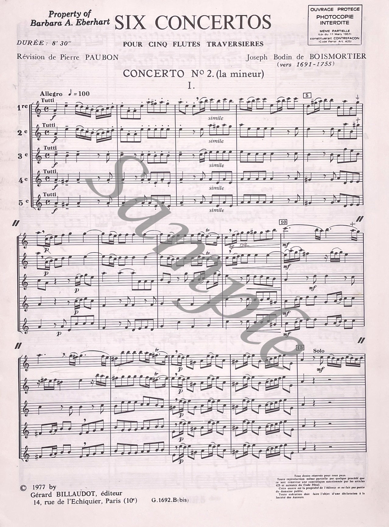 Six Concertos for Flute Quintet No. 2 by J.B. Boismortier