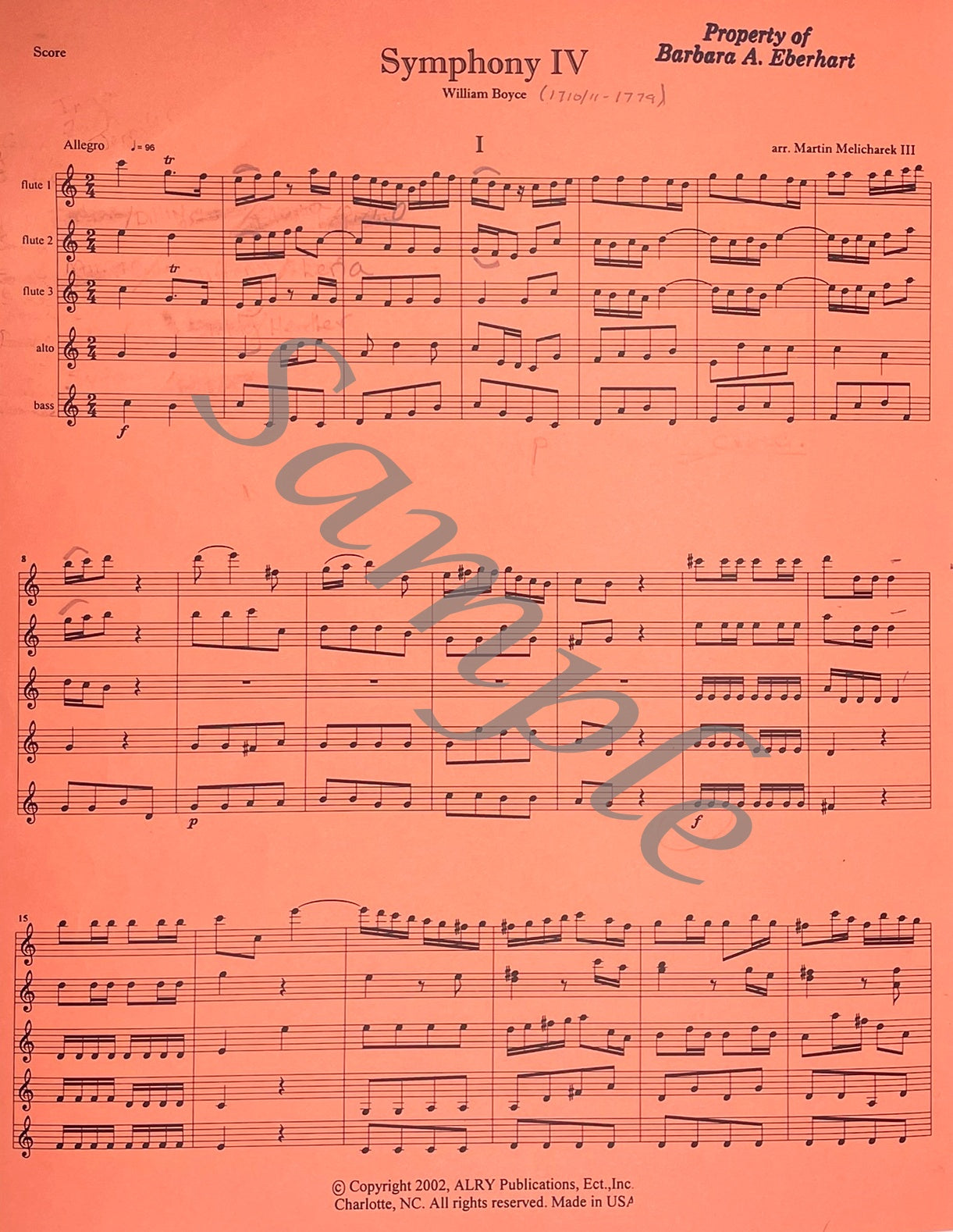 Symphony No. 4 for Flute Choir by William Boyce